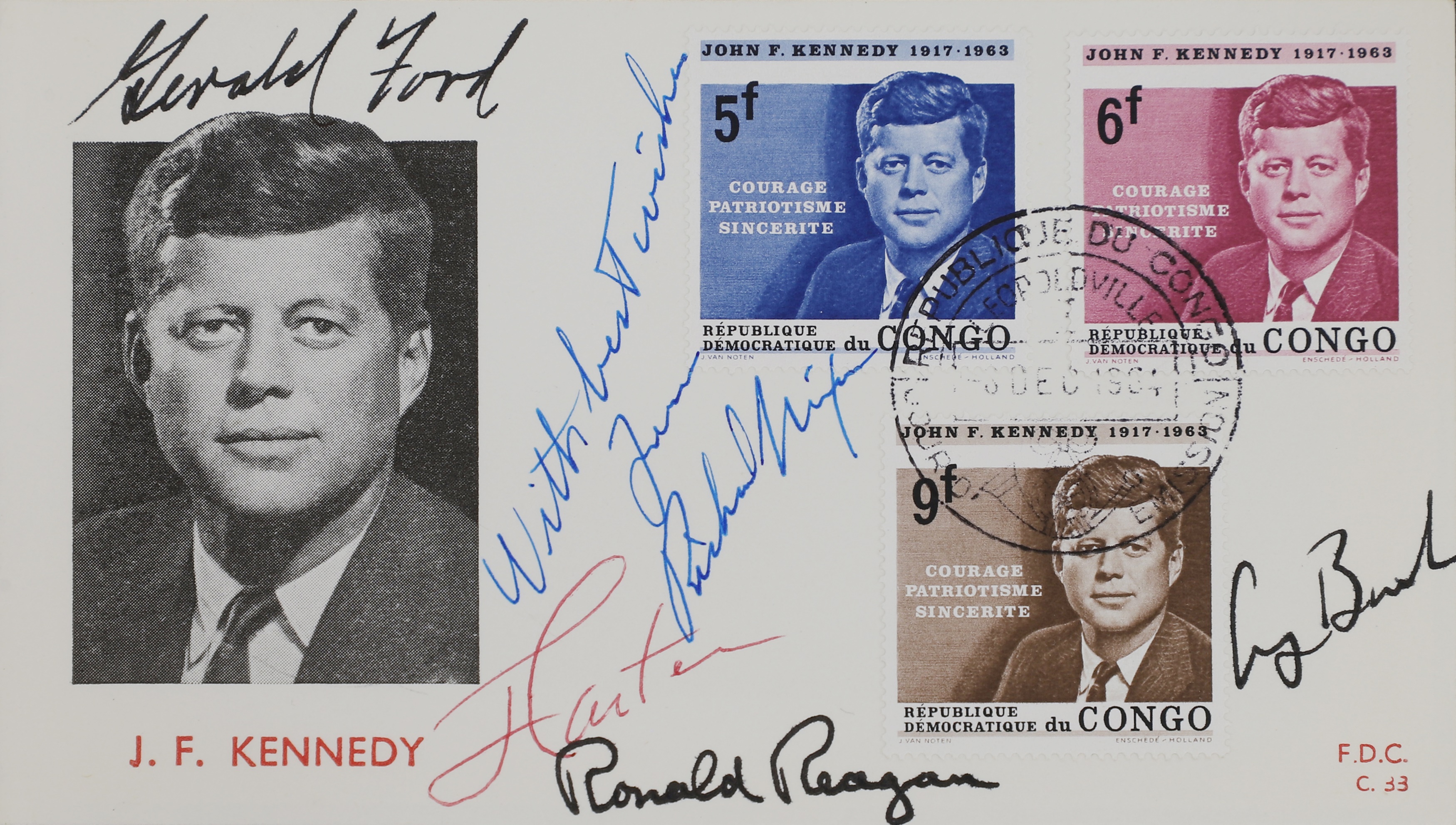 Signed on JFK USA first day cover (£150-250)